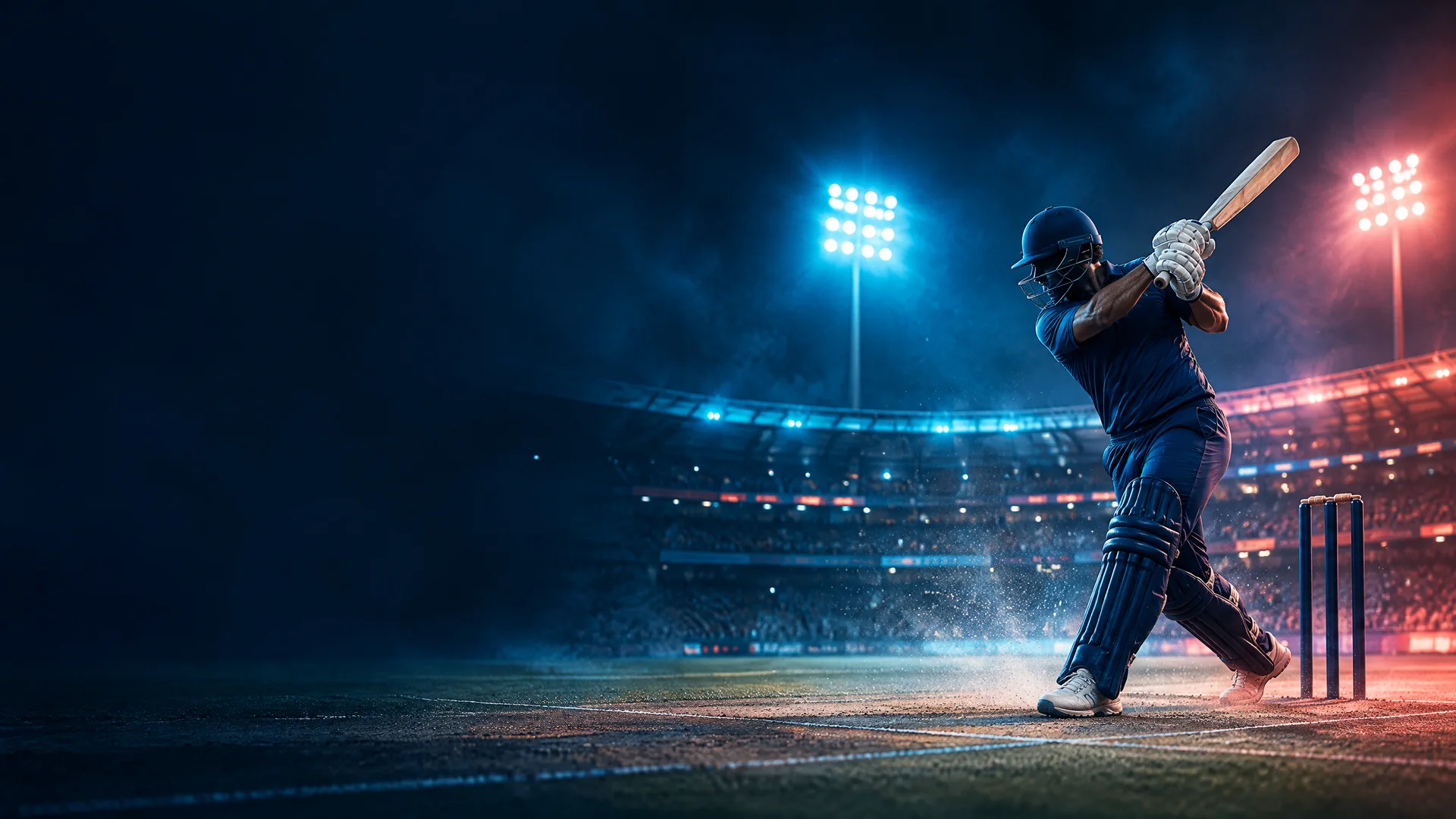 An anonymous cricket batter playing under stadium lights